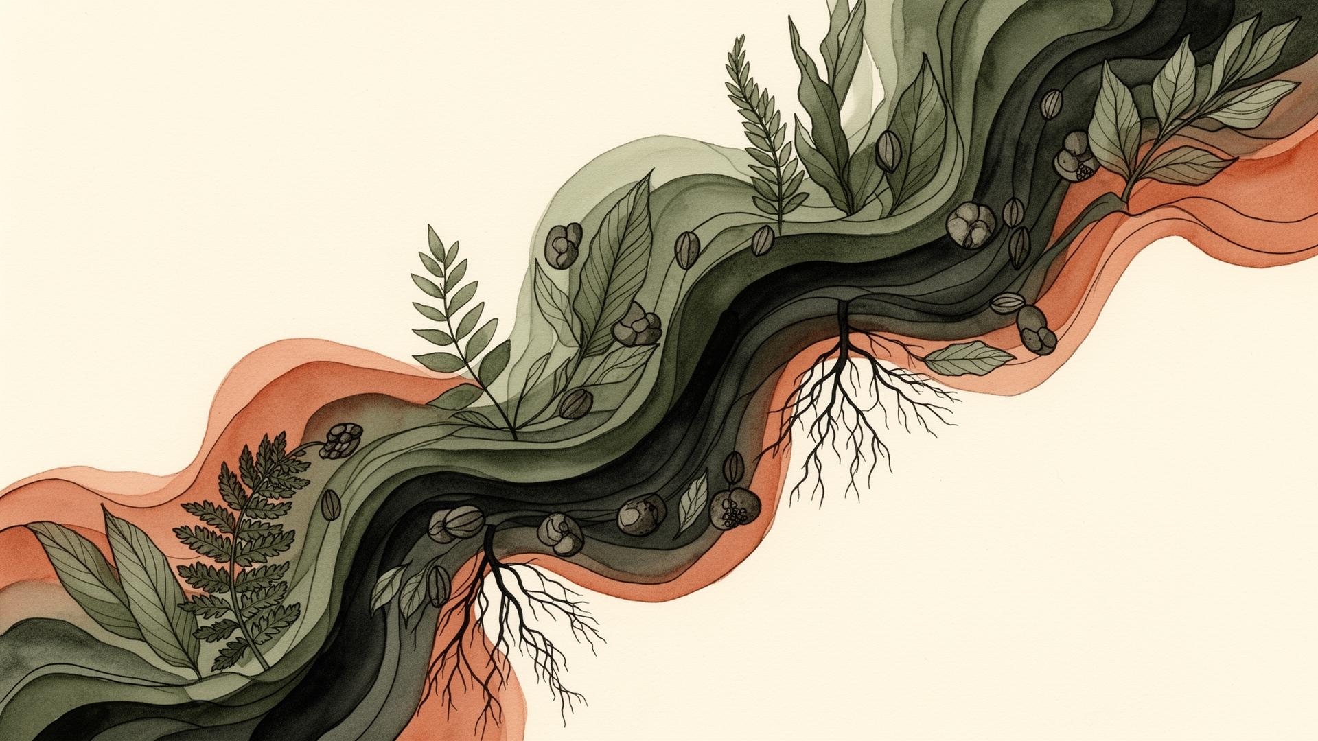 Abstract botanical illustration of leaves, roots and topographic contours